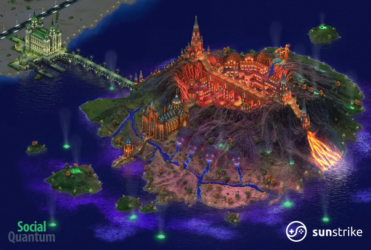 2D city builder location art - Fire Coast district with seaside Mediterranean buildings, pier and palm trees for Megapolis by Social Quantum