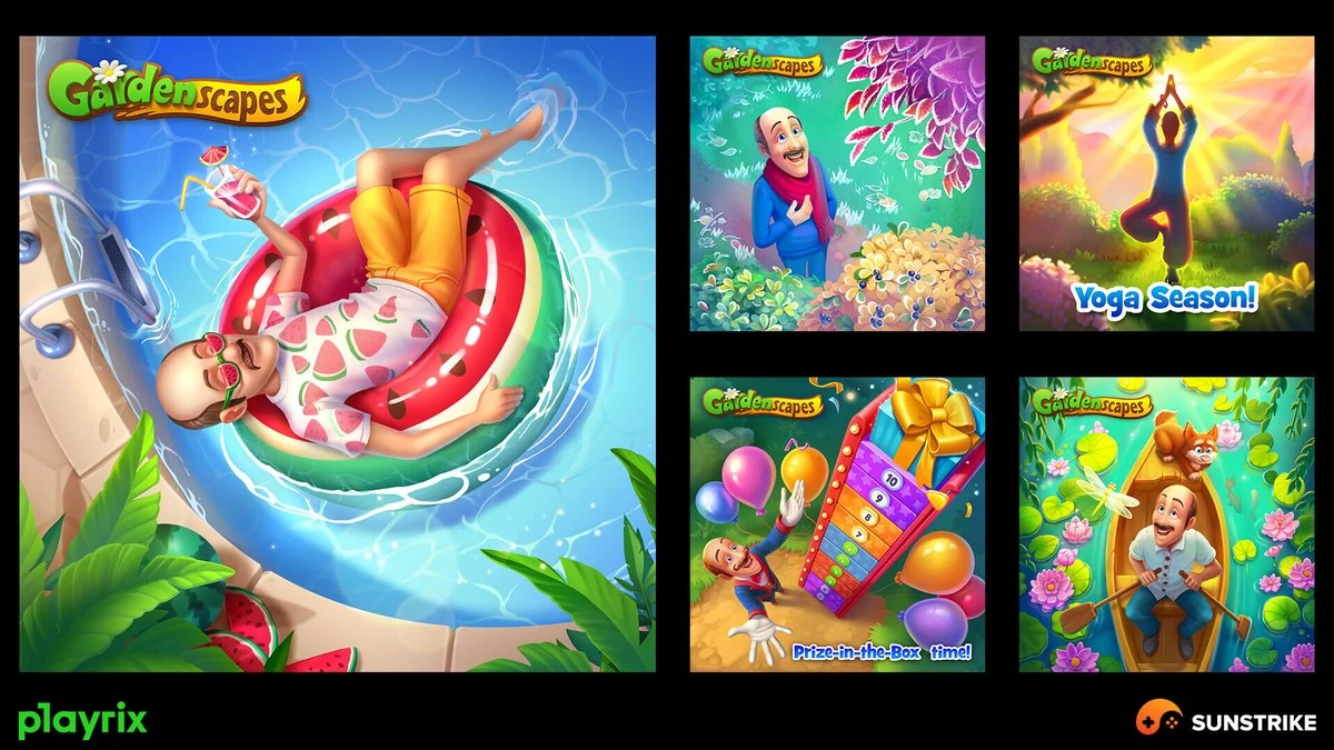 2D mobile game banners and illustrations for Gardenscapes by Playrix - colorful event art and themed character scenes by SunStrike Studios