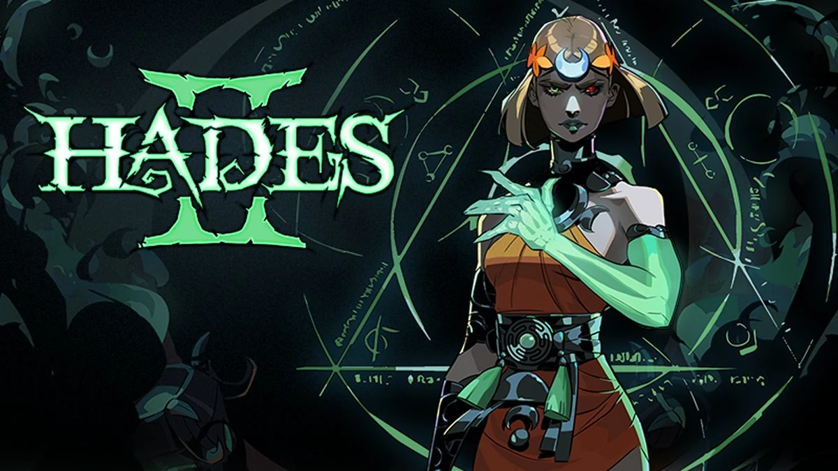Hades II key art - Melinoë the Princess of the Underworld holding glowing green magic, atmospheric dark green background with arcane symbols