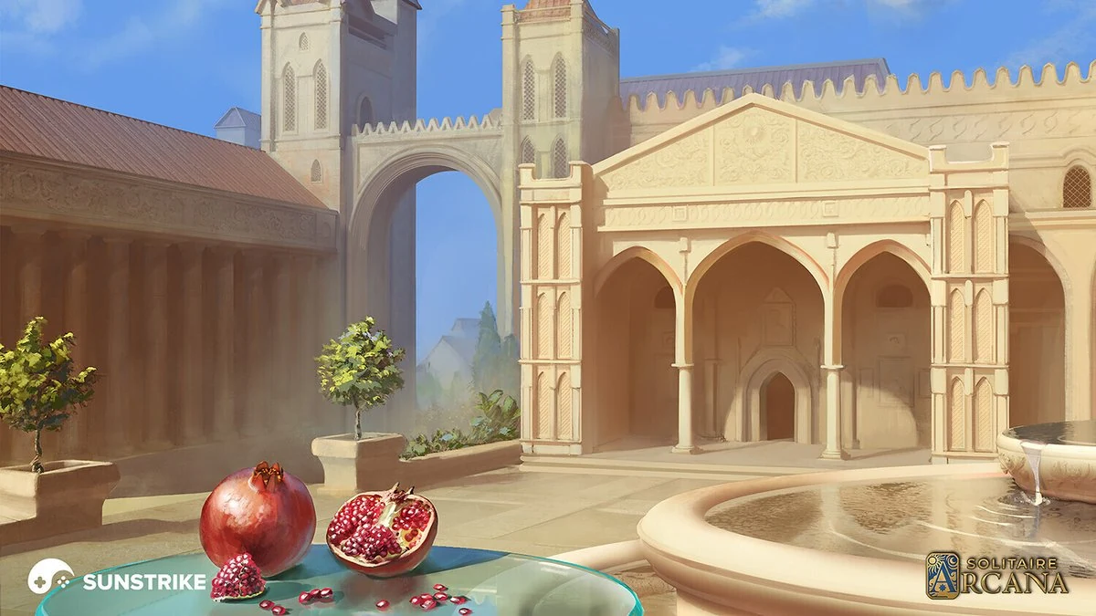 2D background art for Solitaire Arcana mobile game - Mediterranean palace courtyard with marble fountain, columns, archways and pomegranates on a glass table