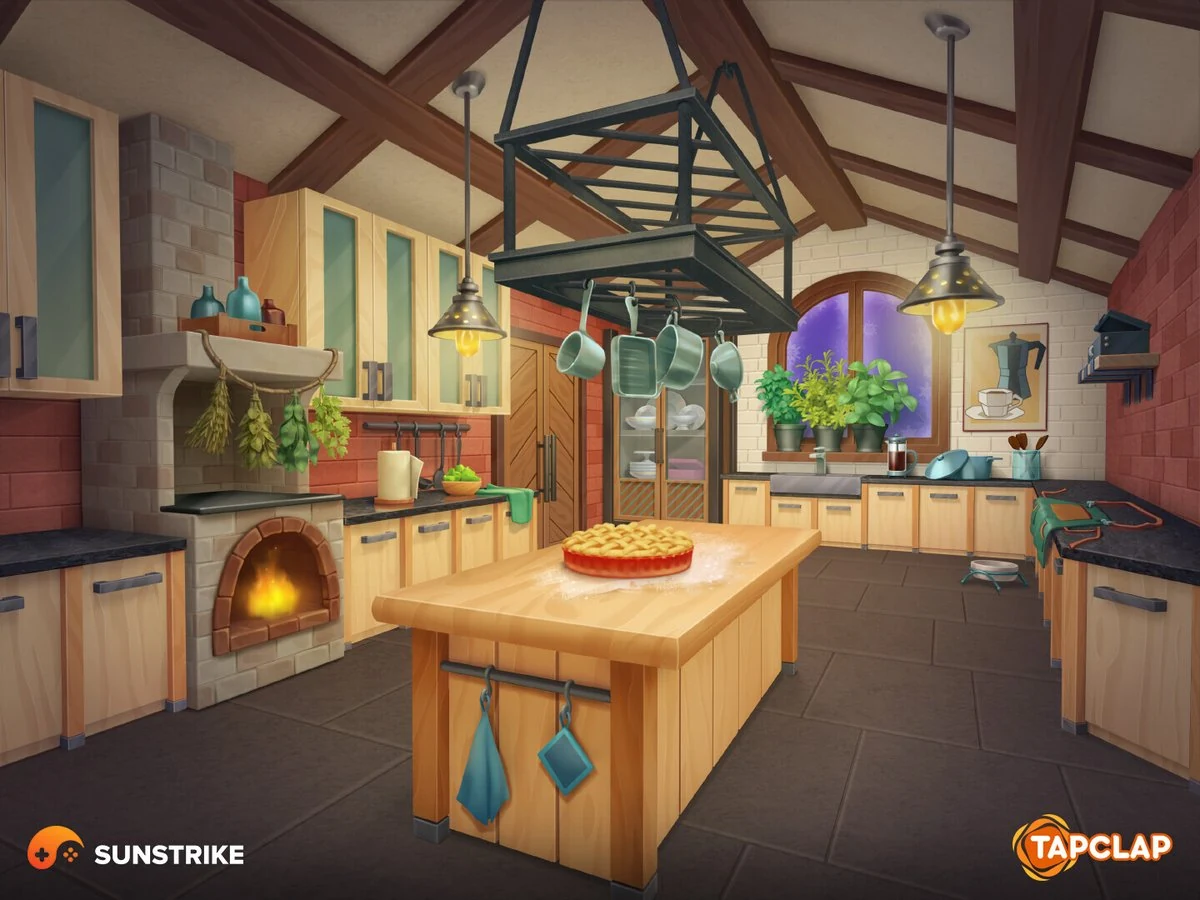 Stylized 2D kitchen interior for Designville mobile game - wooden island with fresh-baked pie, stone hearth, hanging pots and rustic decor
