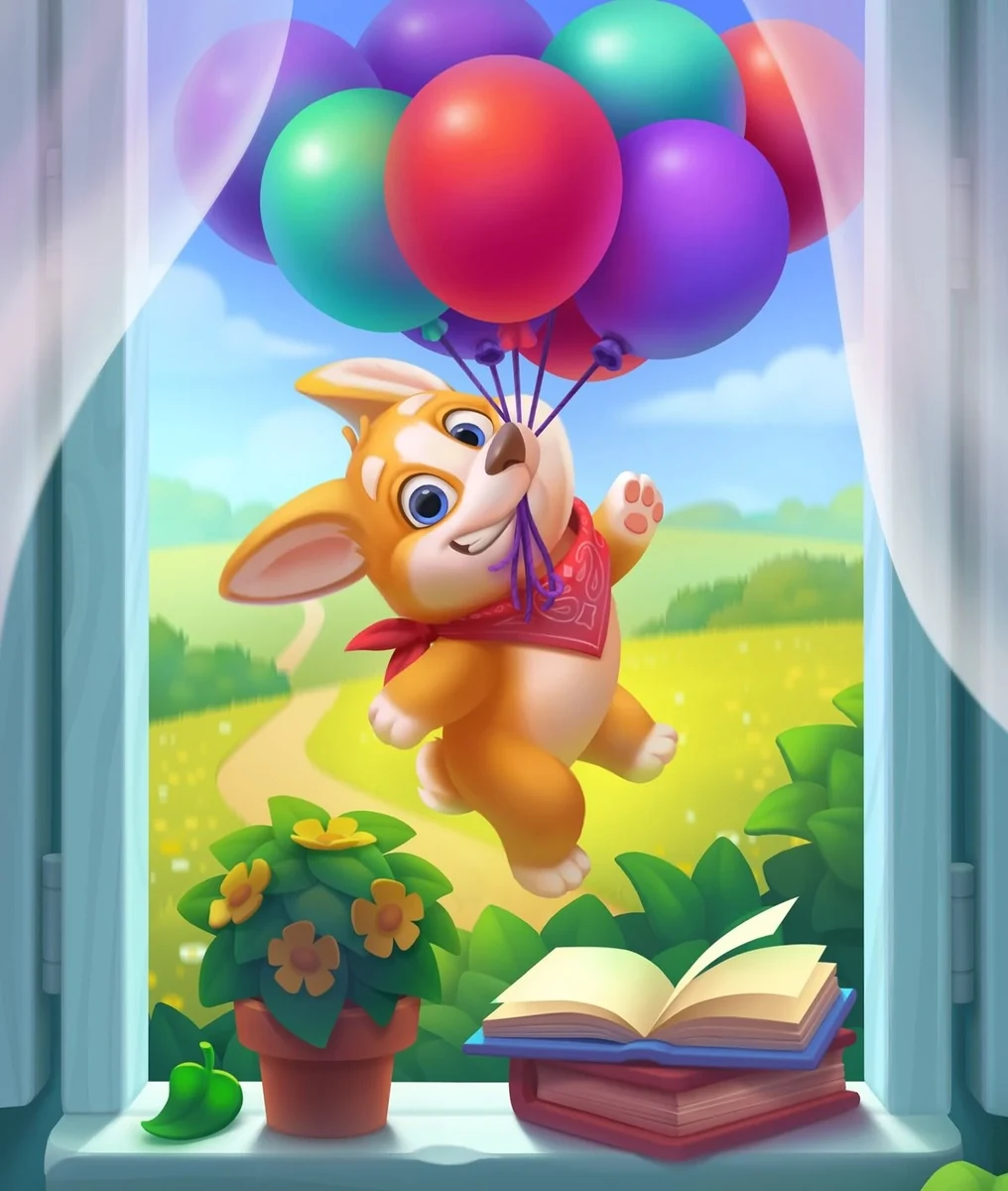 Cartoon casual mobile game illustration - cheerful corgi puppy floating up with colorful balloons by a sunny window with a flower pot and an open book