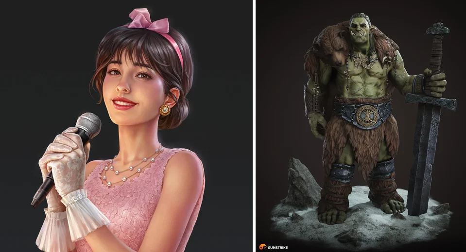 2D vs 3D game characters: semi-realistic singer Masako painted in 2D and a realistic 3D orc warrior, by SunStrike Studios