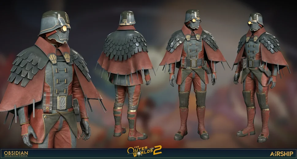 3D character in a caped red and grey uniform for The Outer Worlds 2, four views, by Airship for Obsidian Entertainment