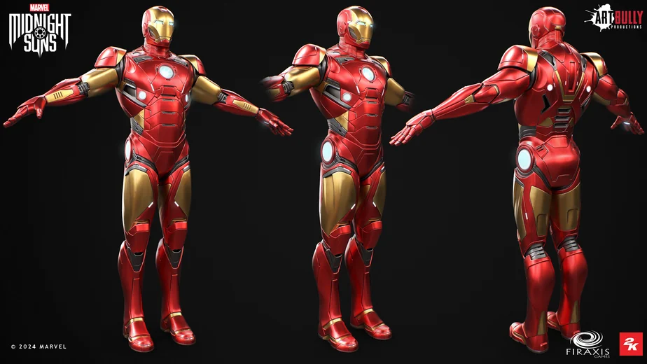 3D Iron Man model in three views for Marvel's Midnight Suns, asset by Art Bully Productions with Firaxis Games