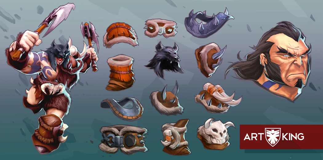 Stylized 2D barbarian with axes and a wolf-pelt hood, costume pieces broken out and a face close-up, by Artking Studio