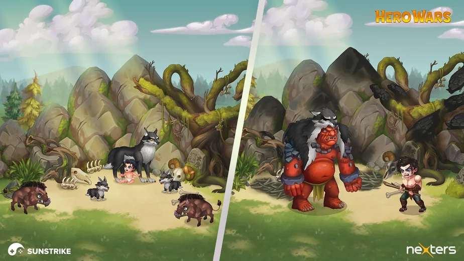Hero Wars 2D characters in a forest camp - a wolf with a baby, boars, a red ogre and a barbarian, by SunStrike for Nexters