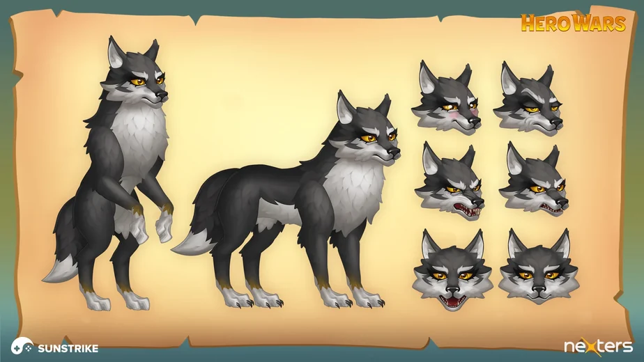 Hero Wars wolf character sheet - two full-body poses and six facial expressions, 2D character design by SunStrike for Nexters