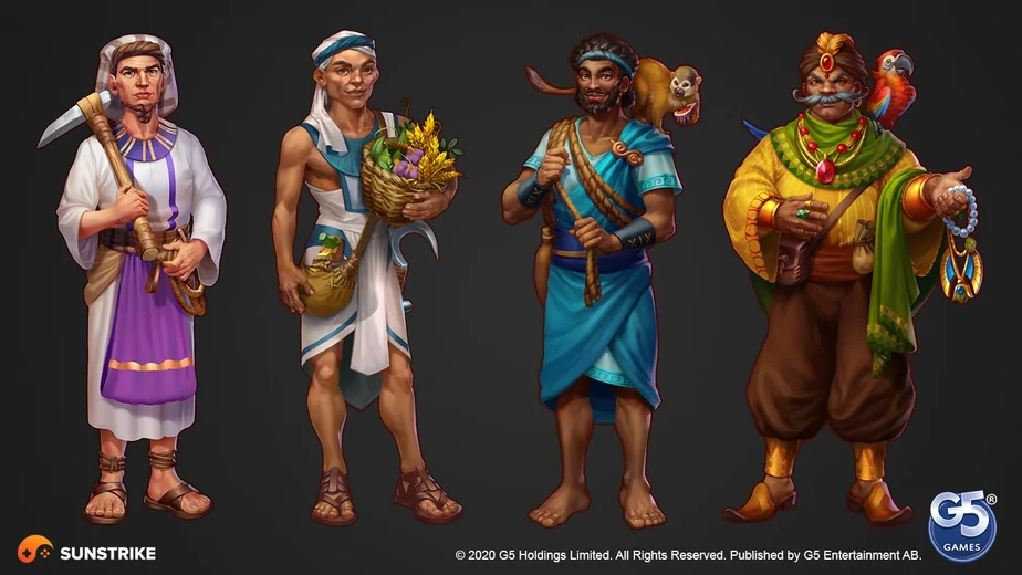 Four casual 2D match-3 characters for G5 Games' Jewels of Egypt - townsfolk with tools and pets, by SunStrike Studios