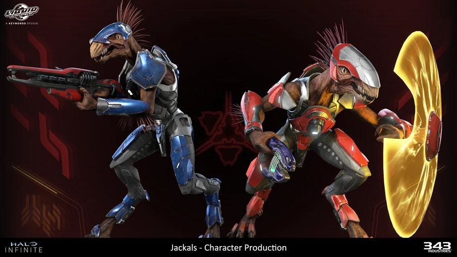 Two Jackal characters with a plasma rifle and energy shield for Halo Infinite, 3D production by Liquid Development