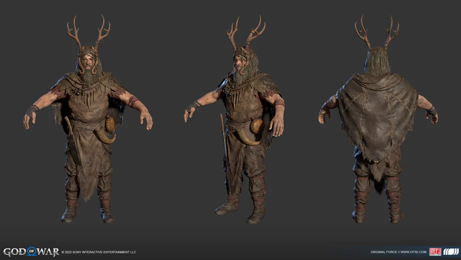 Antlered, bearded character in a patched leather cloak for God of War Ragnarök, three views, 3D character art by Original Force