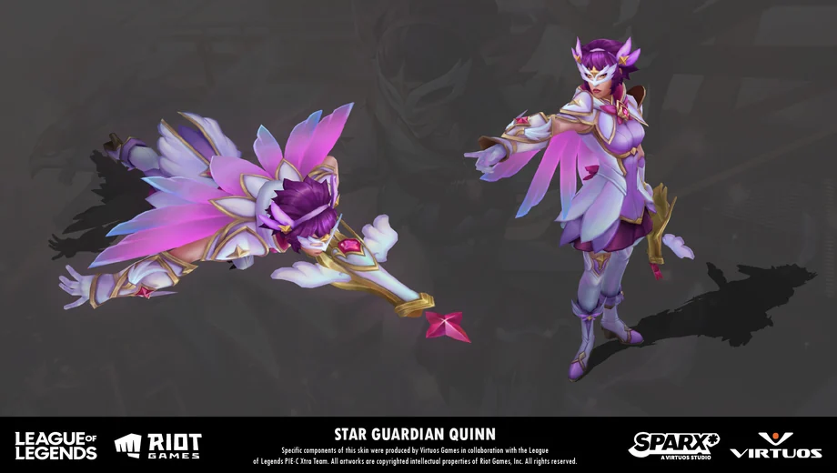 Star Guardian Quinn skin for League of Legends in two poses, with components by Sparx, a Virtuos studio, for Riot Games