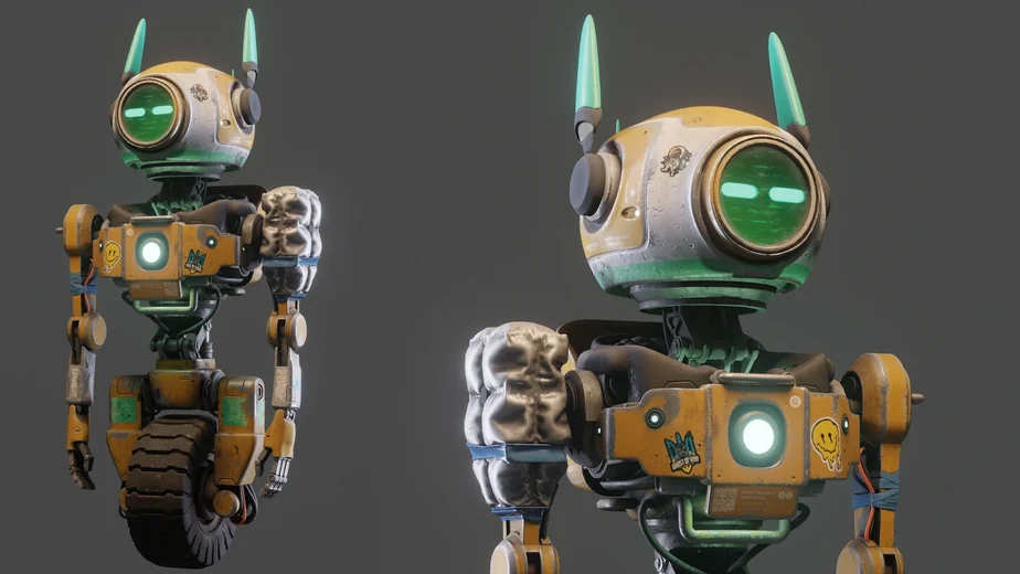 Stylized 3D robot companion with a wheel base and green visor for the sci-fi game Discovery, character design by Stepico