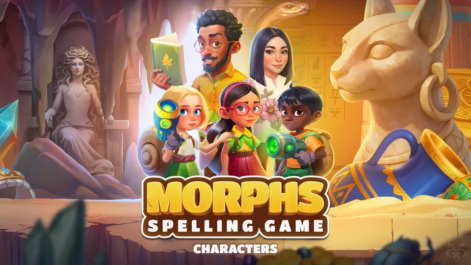 Cast of five stylized 2D characters, two adult guides and three kids, for a children's spelling game, by Whimsy Games