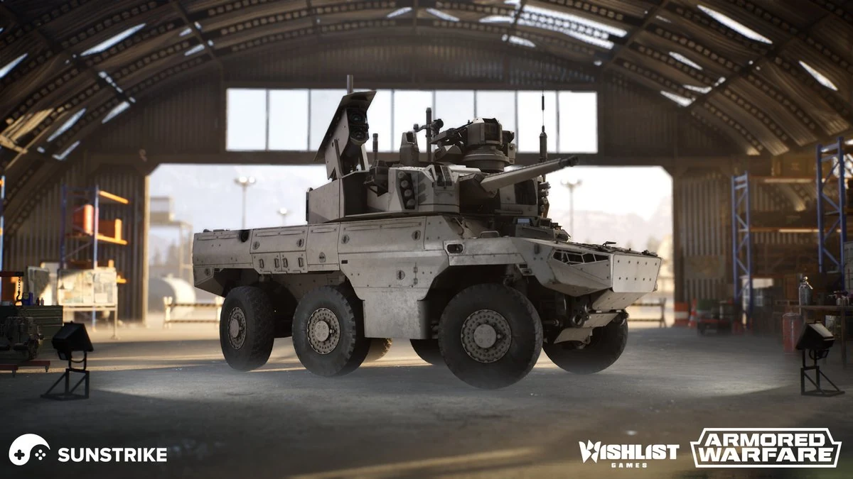 Photorealistic 3D military vehicle - six-wheeled armored personnel carrier with mounted turret, rendered in a hangar by SunStrike Studios for the Armored Warfare game by Wishlist Games