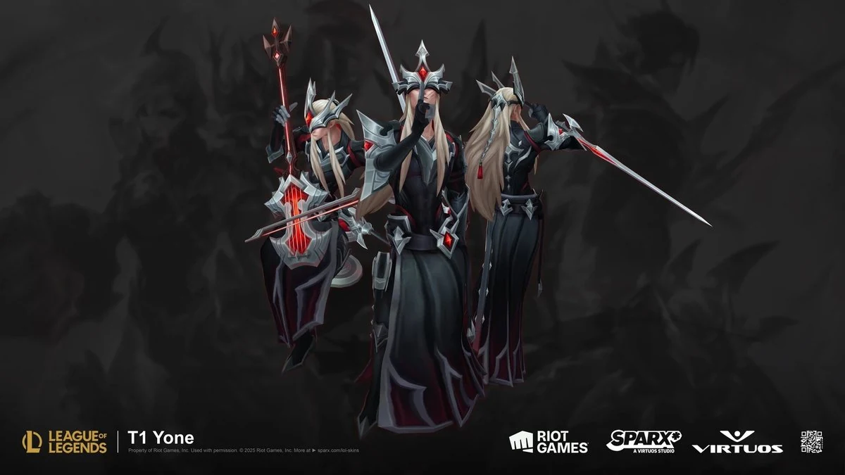 3D character art for League of Legends T1 Yone champion skin - three armored female figures in dark robes with tall steel crowns and red gem swords, by Sparx a Virtuos studio
