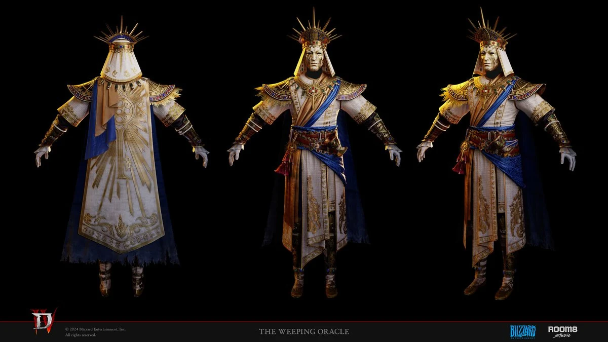 3D character model turnaround for Diablo IV - The Weeping Oracle in white and gold robes with sun-rayed crown, three views, character art by Room 8 Studio for Blizzard