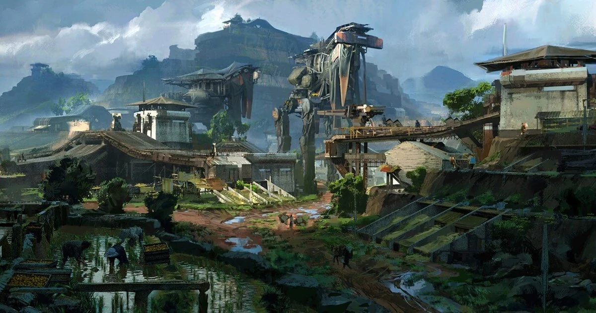 Sci-fi environment concept art - giant walking mech striding past terraced rice fields and a hillside Asian village under cloudy mountains, by Keywords Studios