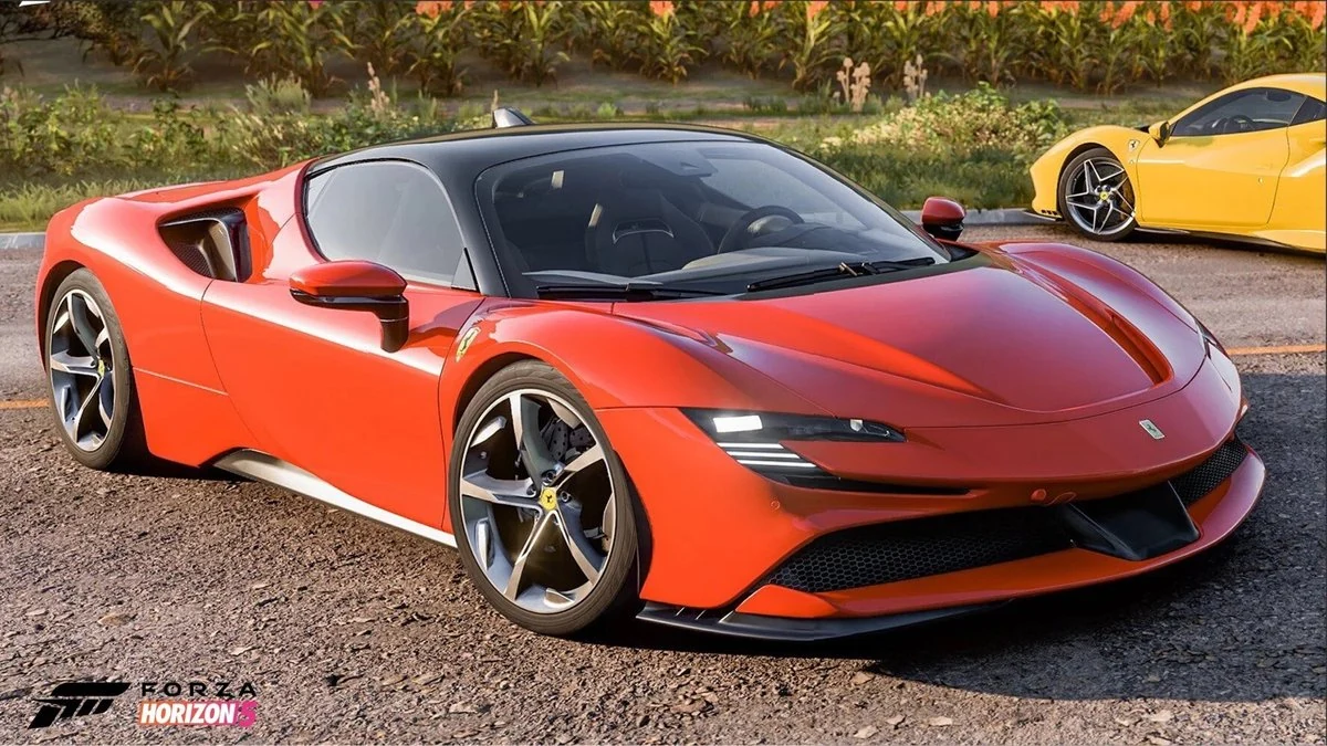 Photorealistic 3D car model - red Ferrari SF90 sports car shot at three-quarter front view with yellow Ferrari in background, made for Forza Horizon by Lakshya Digital