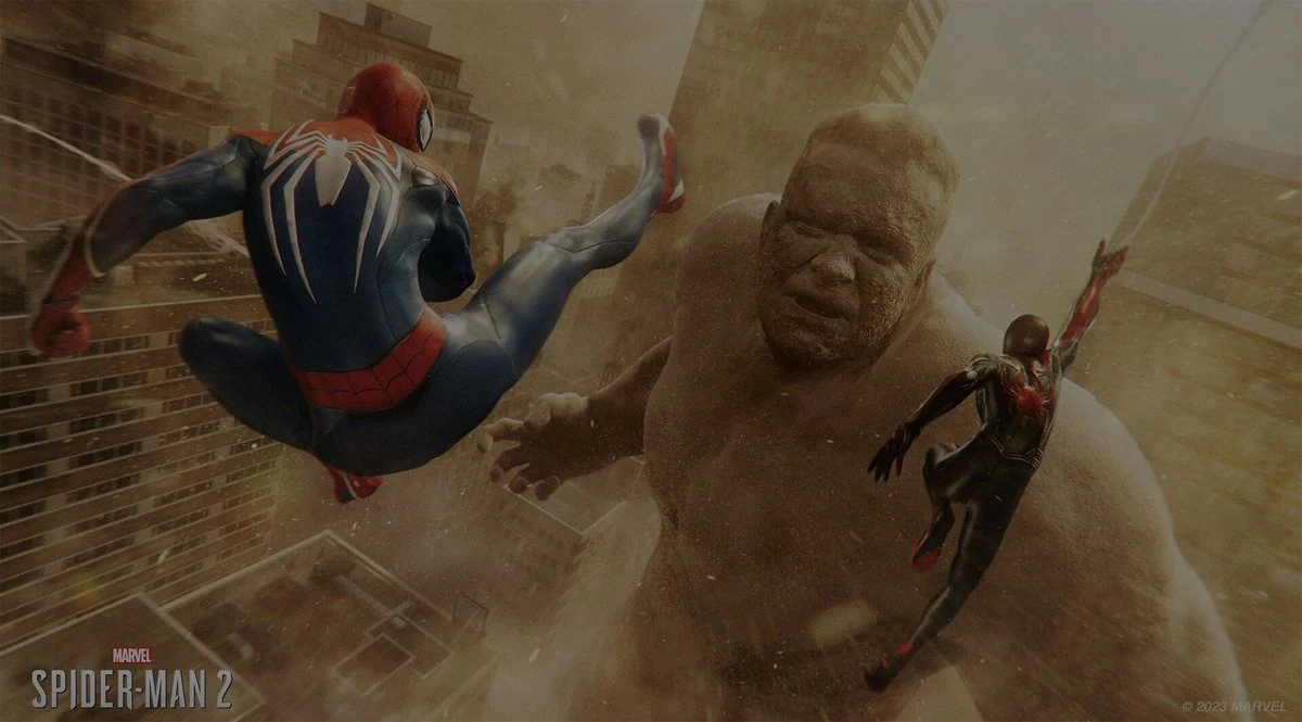 Marvel's Spider-Man 2 action scene - Peter Parker and Miles Morales in mid-air leaping against a giant sand-creature boss high above the city skyline, 3D game art by Lemon Sky Studios