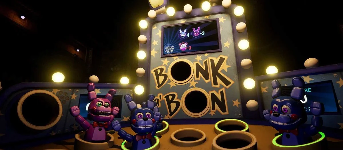 Five Nights at Freddy's 3D arcade scene - Bonk 'n Bon whack-a-mole booth with animatronic bunny puppets and stage lights, 3D game art by Pingle Studio