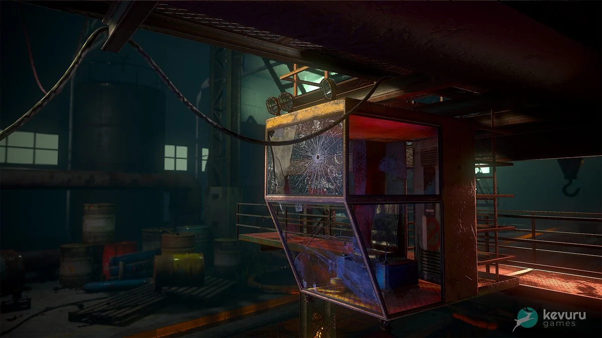 Cyberpunk 3D environment art - neon-lit dilapidated industrial control booth with shattered glass, hanging cables and oil drums in a rusty factory hall, by Kevuru Games