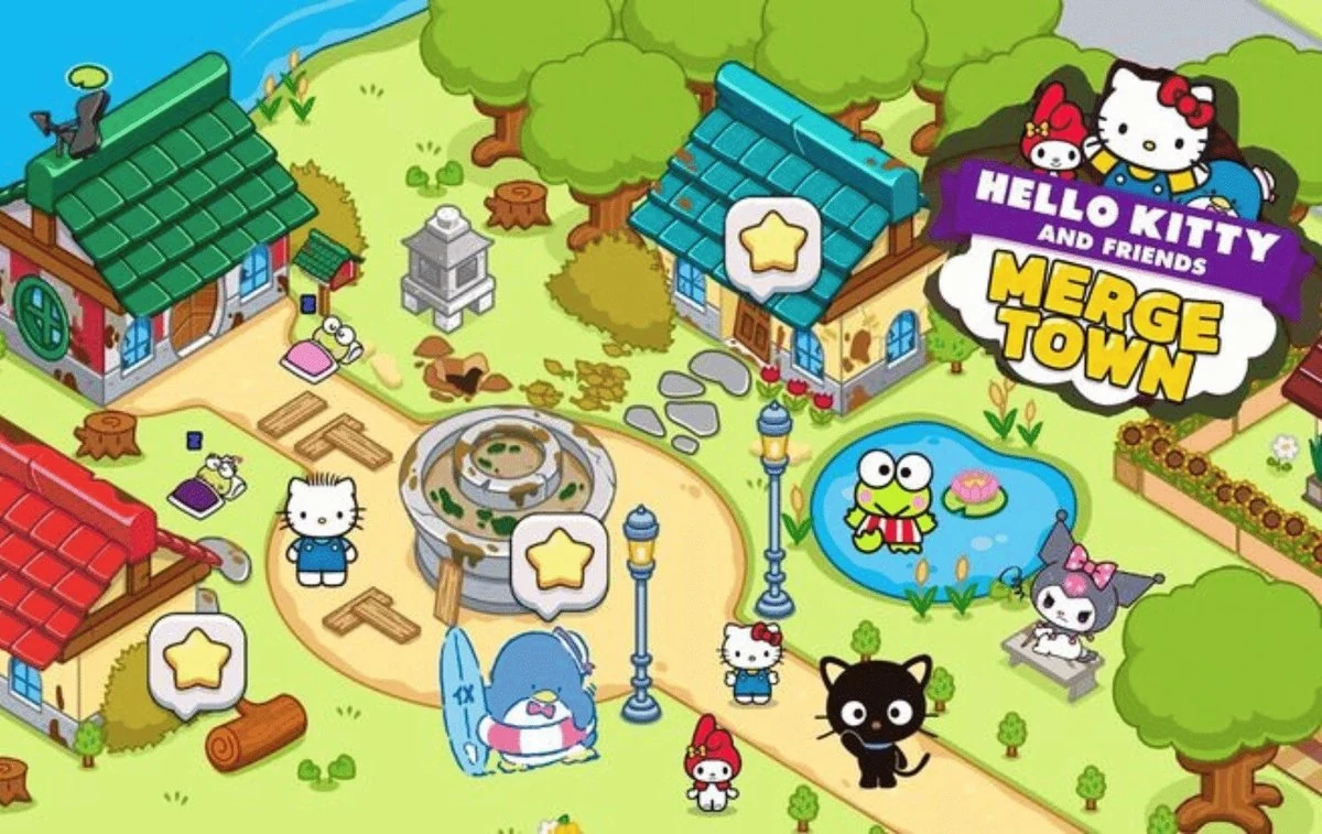 2D casual mobile game art - Hello Kitty and Friends Merge Town stylized village with cute houses, pond and Sanrio characters, by Starloop Studios
