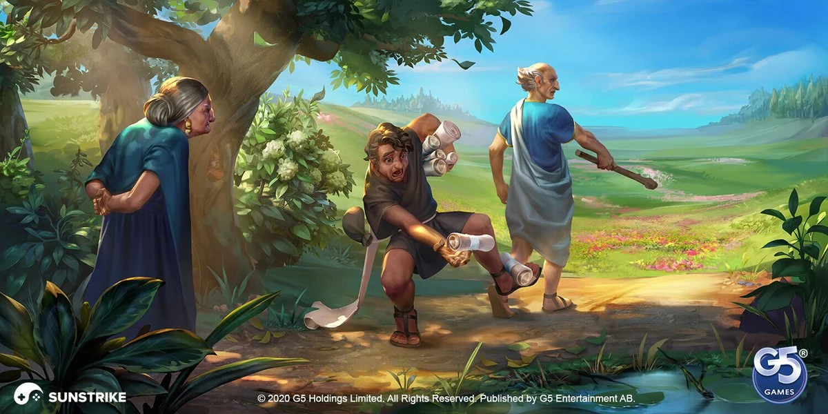 Illustration created by SunStrike Studios artists for G5 Games' Jewels of Rome: Match gems to restore the city