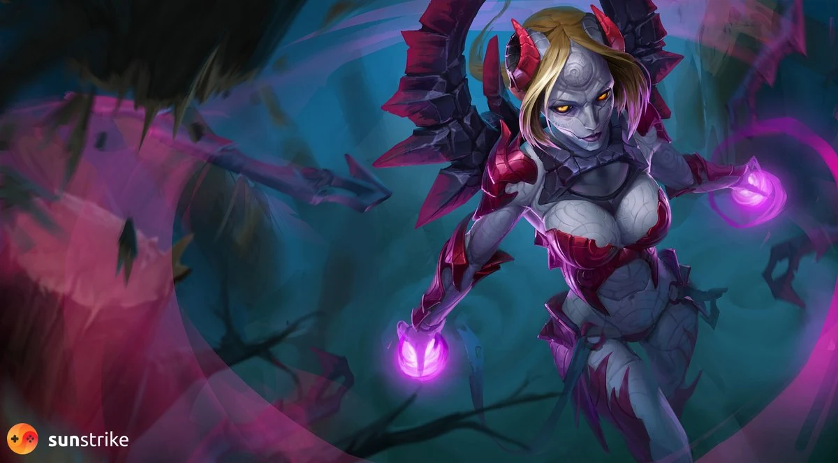 2D fantasy character concept art - female demon with red horns wielding glowing pink magic orbs against a dark teal background by SunStrike Studios
