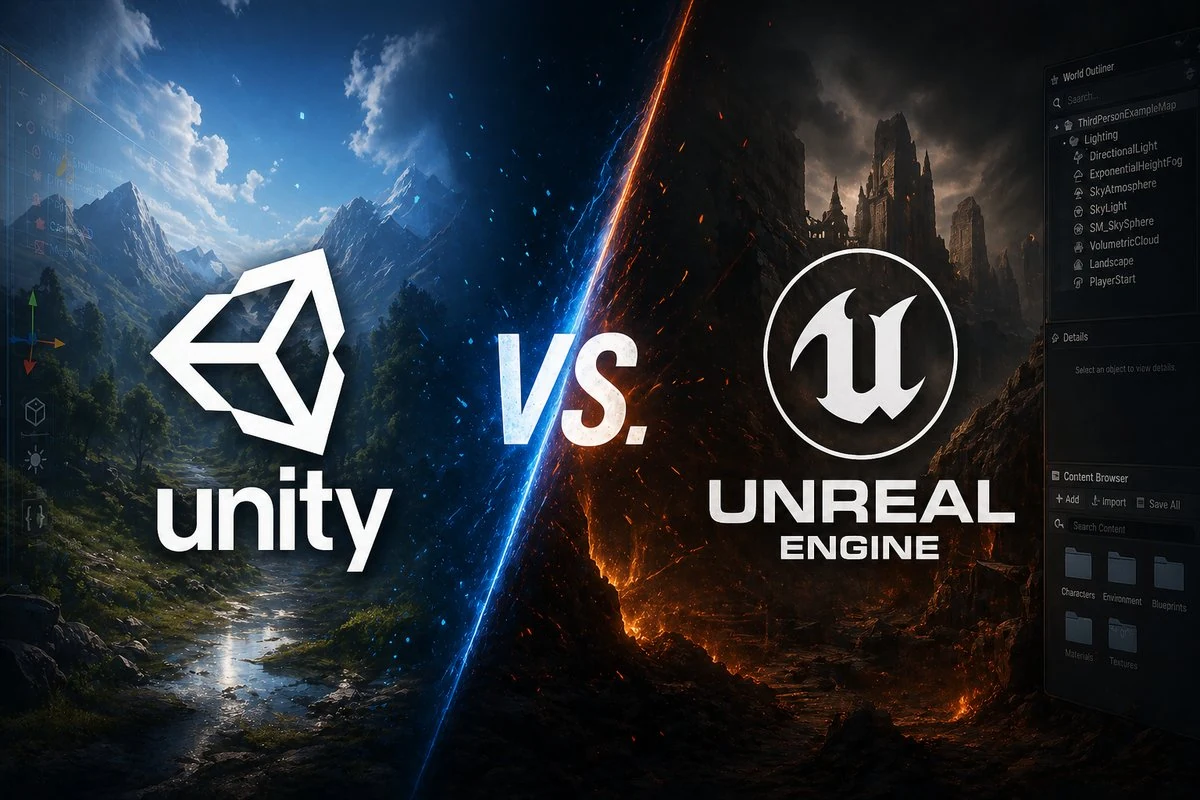 Unity game engine logo and Unreal Engine logo placed side-by-side on a white background - two leading game development platforms compared