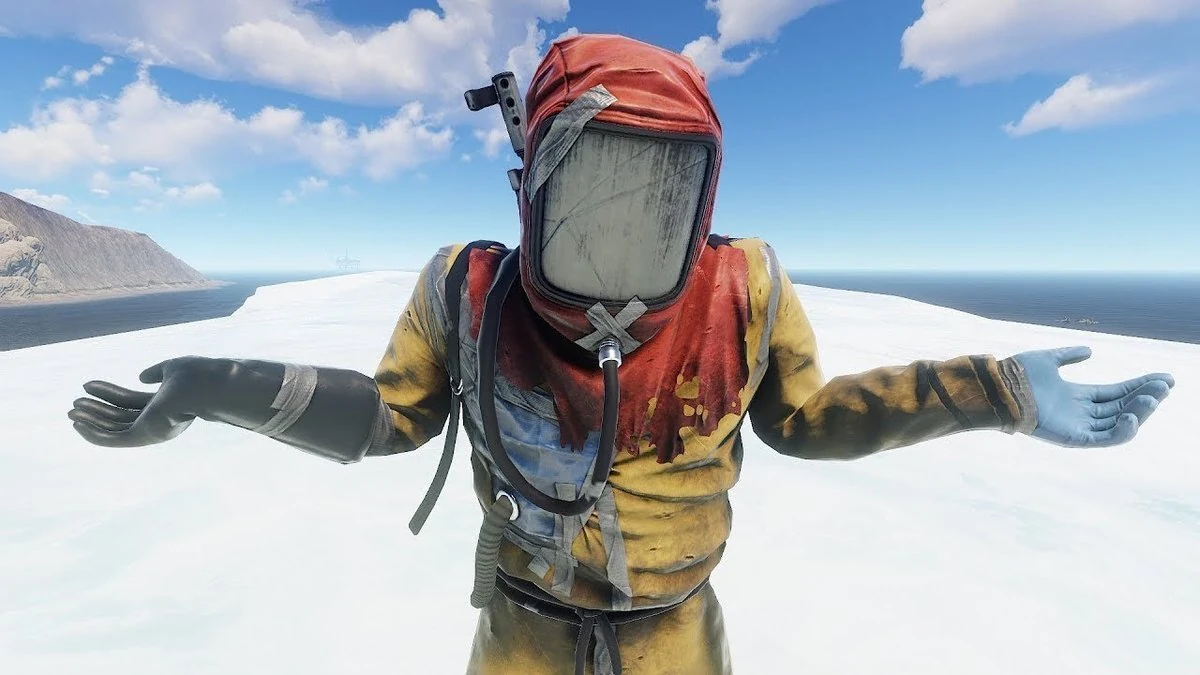 3D character render of a hazmat-suit survivor with red hood and gas mask on snowy terrain - example of raster PBR textures in game art