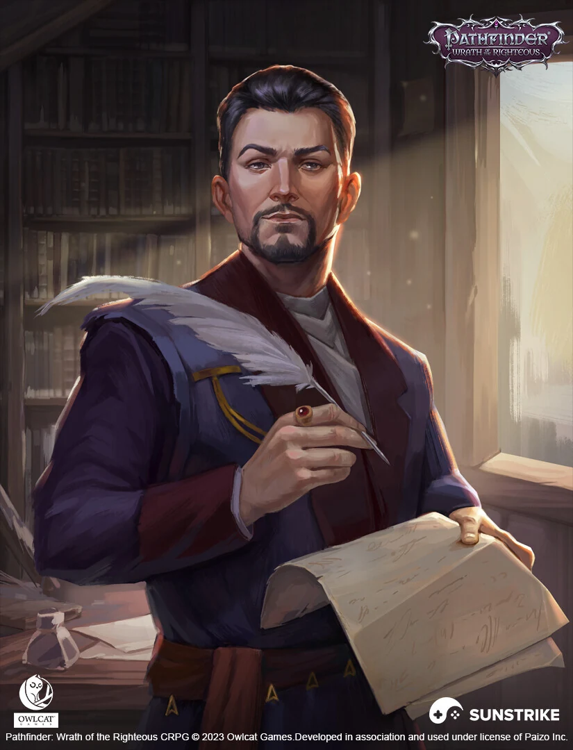 2D painterly character portrait of a dark-haired scholar with quill and parchment in a candlelit library - hand-painted raster game art