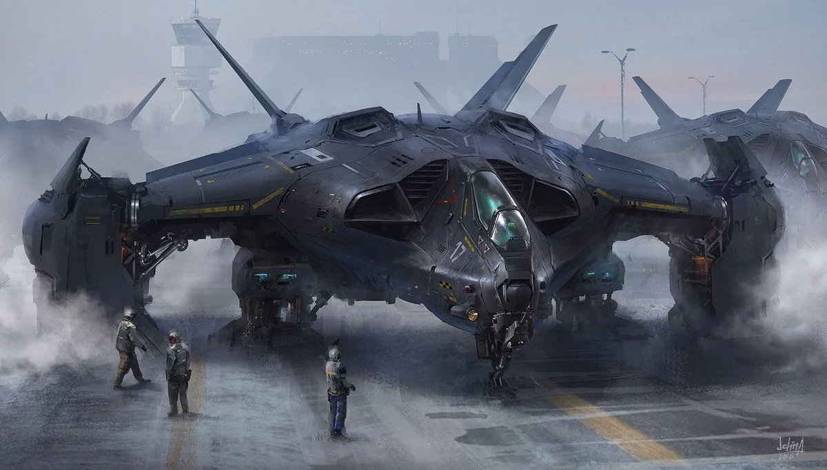 Sci-fi concept art of armored stealth dropships parked in a misty hangar with crew members standing nearby for scale