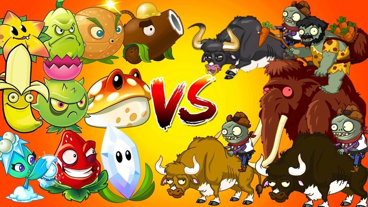 Cartoonish character lineup of bright plant heroes facing zombie cowboys riding bulls and mammoths on an orange background