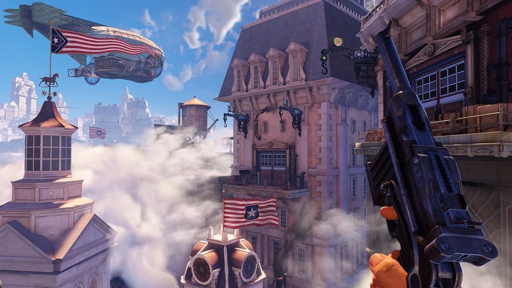 Steampunk environment art of a floating city with airship, ornate Victorian buildings and American flag bunting drifting above the clouds, from Bioshock Infinite