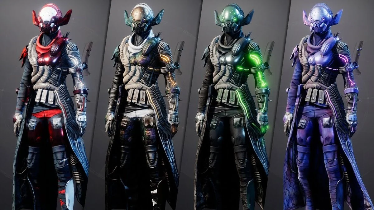 Four color variants of a sci-fi armored guardian character in red, gold, green and purple suits, in the style of Destiny 2 ornament sets