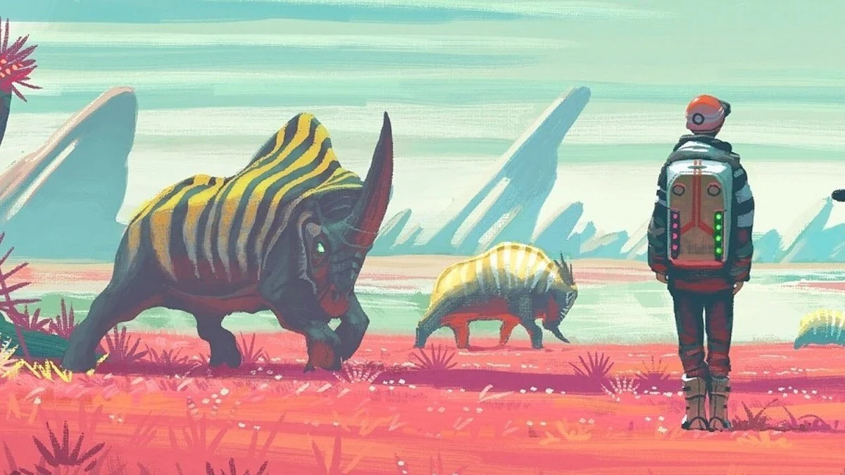 Painterly creature concept of a striped yellow horned beast and a smaller companion grazing on a red alien plain, in the style of No Man's Sky