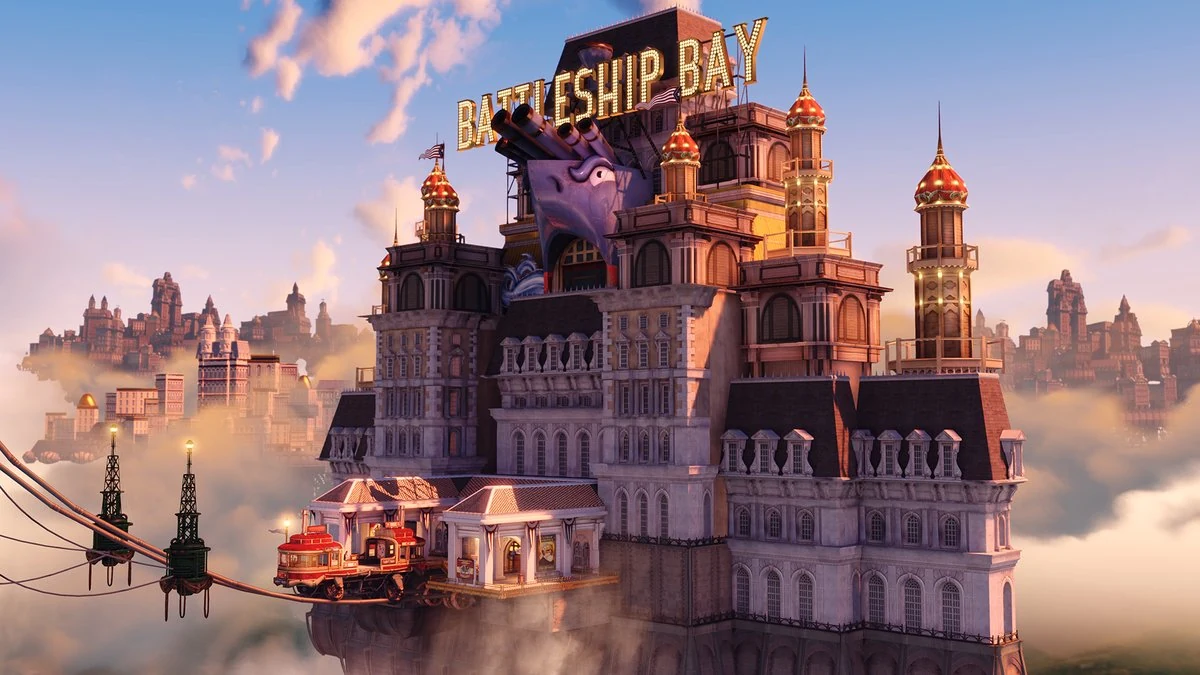 Floating-city environment concept of an ornate hotel tower labelled Battleship Bay rising from clouds with a skyline behind it, from Bioshock Infinite