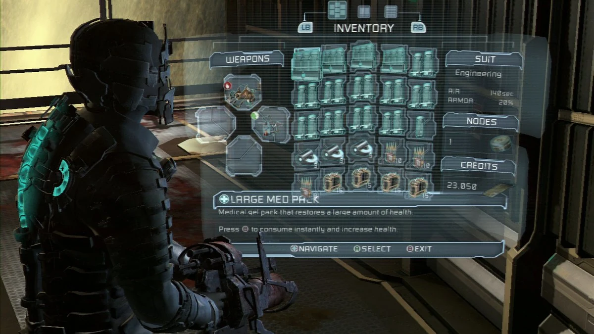 In-world holographic inventory menu projected in front of an engineer character, showing weapon and item slots, from Dead Space