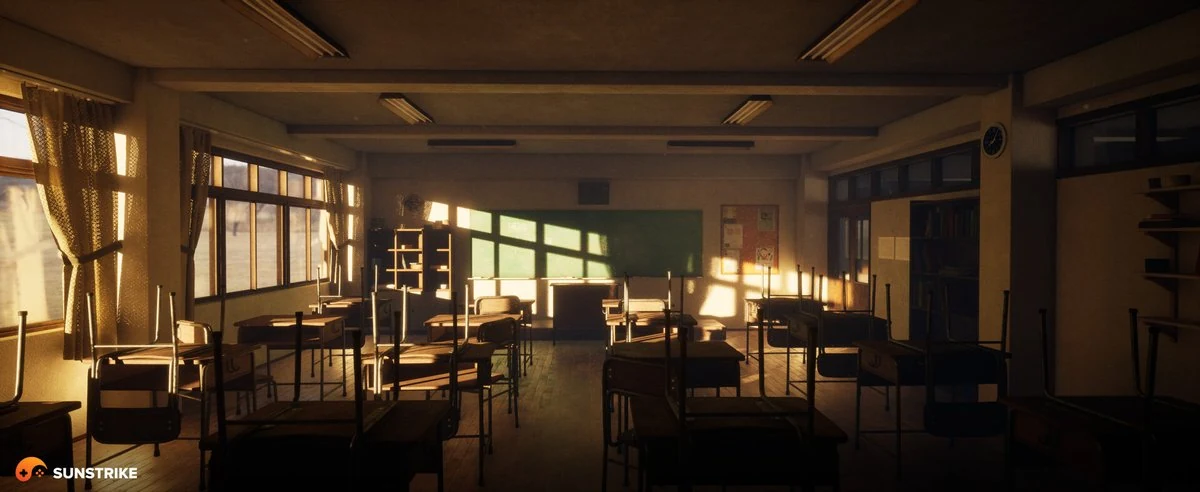 3D-rendered Japanese classroom interior at sunset with empty desks, chalkboard and warm light streaming through tall windows, with a SunStrike watermark