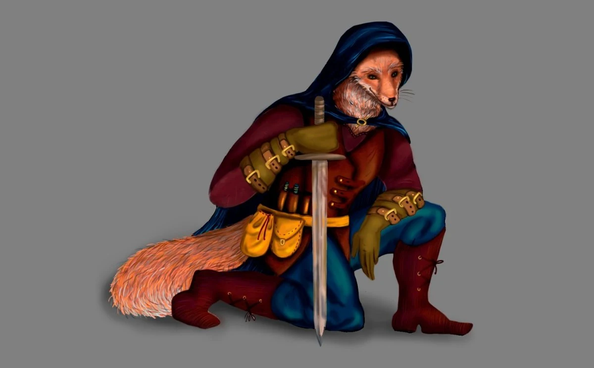Stylized female warrior concept with sword and shield, painted in warm earth tones against a desert background