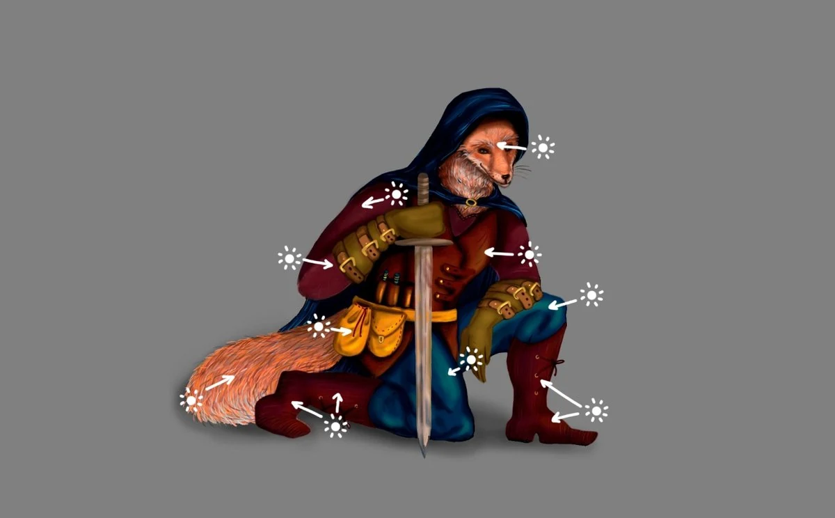 Same warrior character painted on a flat averaged background to demonstrate base values before detailing
