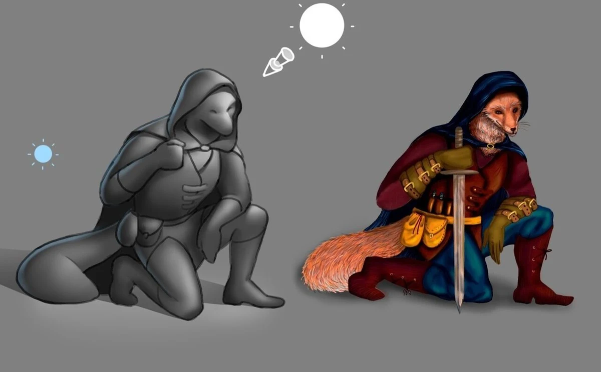 Same character with a rim light added along the edges of the body and armor to separate the figure from the background