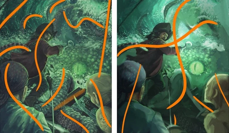 Side-by-side correction showing a straight contrasting object stuck into the character on the left and a recomposed pose with the shoulder pulled back on the right