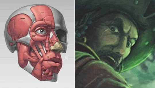 Axis-line check on the captain's face showing eyes drawn at different levels and a guide indicating where the shoulder should extend