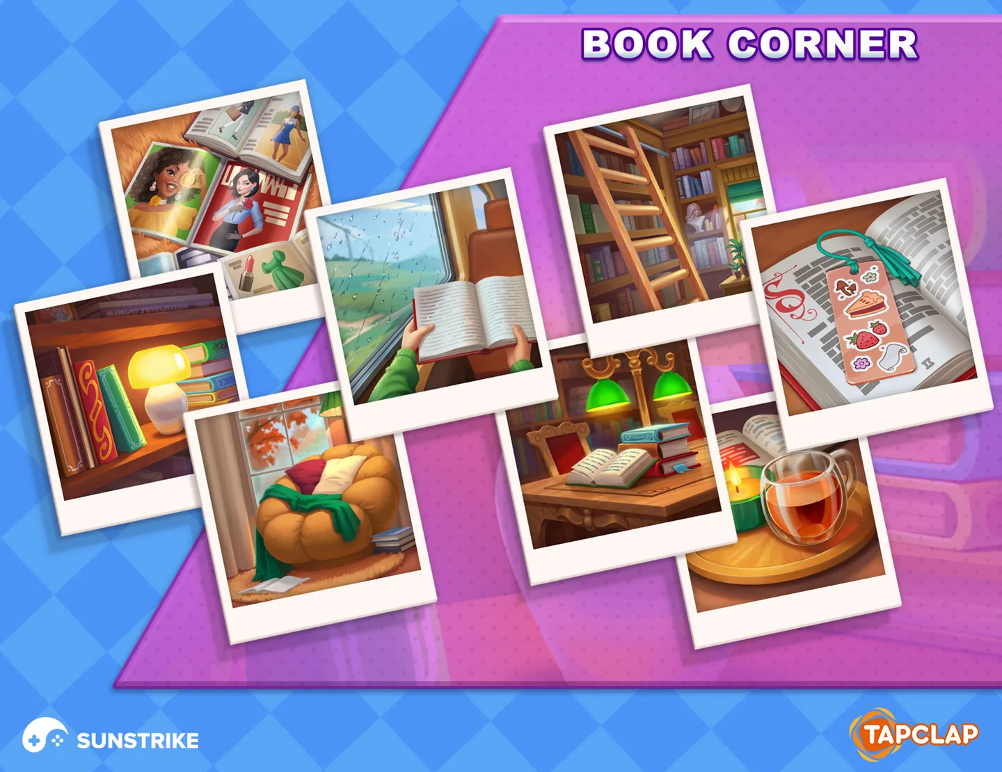 Book Corner themed merge item set for Tapclap: DesignVille