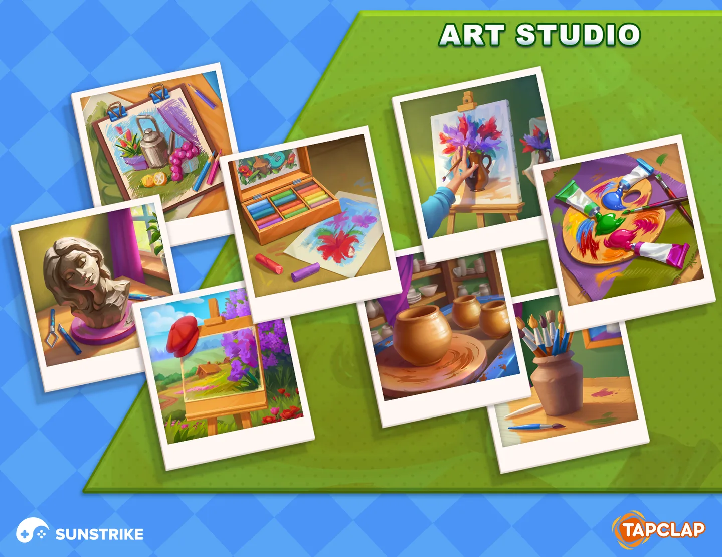 Art Studio themed merge item set for Tapclap: DesignVille