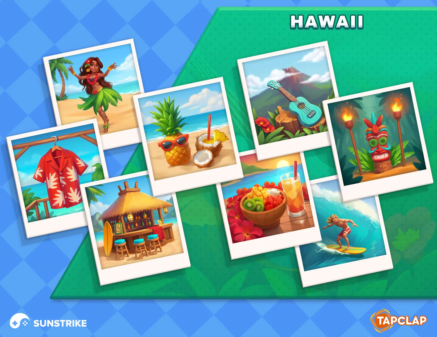 Hawaii themed merge item set for Tapclap: DesignVille