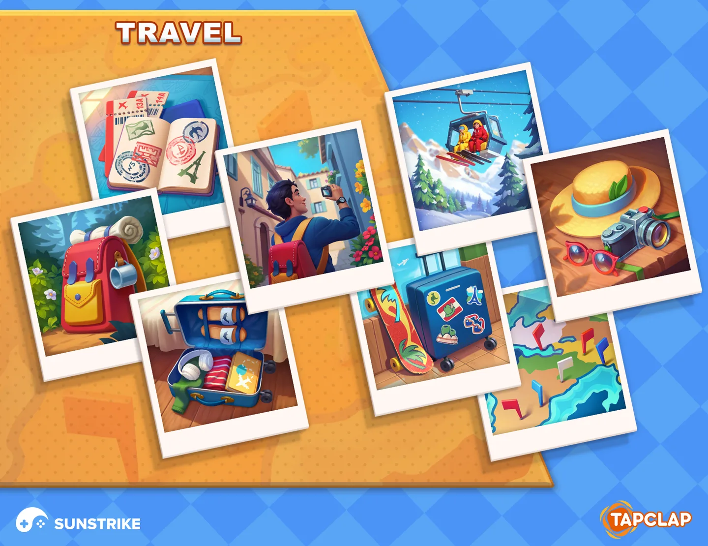 Travel themed merge item set for Tapclap: DesignVille
