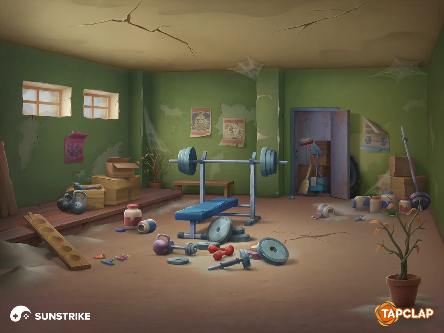 Run-down home gym location for Tapclap: DesignVille